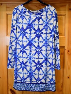 Michael Kors Blue & White Printed 3/4 Sleeve Mini Shift Dress P/M